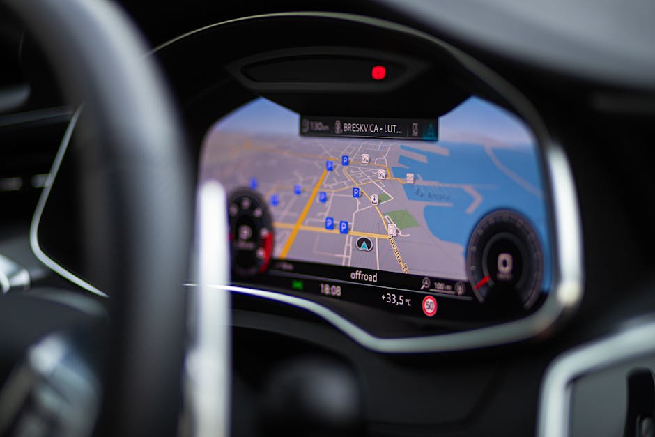 Focused view of a car's dashboard showing GPS navigation and map display.